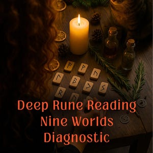 May include: A set of wooden rune tiles arranged on a table with a lit pillar candle, two small glass bottles, pine cones, and evergreen sprigs. The text reads Deep Rune Reading Nine Worlds Diagnostic and Voice of the Runes.