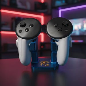 May include: A pair of white and black VR controllers resting on a blue stand. The stand features a gold Eye of Horus symbol. The controllers have black buttons and joysticks. The background is blurred with red and purple lighting.