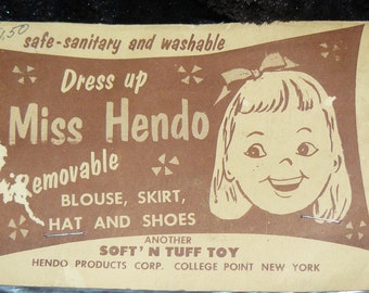 Rare 1950s Vinyl Cloth DOLL Miss Hendo Made in College Point New York Mint in Package