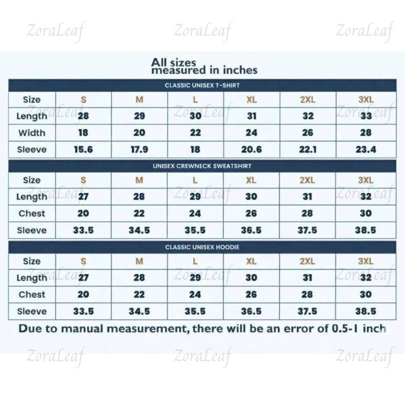 May include: A size chart for classic unisex t-shirts, crewneck sweatshirts, and hoodies. Measurements are in inches for length, width, chest, and sleeve. The chart includes sizes S, M, L, XL, 2XL, and 3XL. The text "All sizes measured in inches" is at the top.
