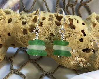 Genuine Sea Glass Stacks Earrings, Green