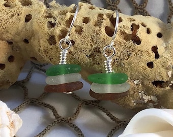 Genuine Sea Glass Stacks Earrings, Green & Amber