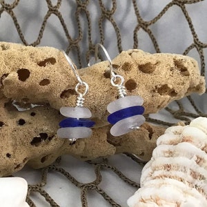 Genuine Sea Glass Stacks Earrings, Cobalt Blue & White