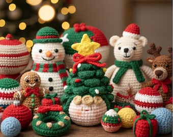 May include: A collection of handmade crochet Christmas ornaments, including a snowman, Christmas tree, bear, reindeer, and various baubles. The ornaments are in festive colors like red, green, white, and gold, perfect for holiday decor.