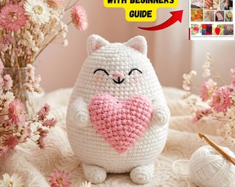 Kitty with heart crochet pattern, Mini Valentine Cat Crochet PDF Pattern,  Easy Crochet Cat Holding Heart for Valentine Gift, Beginner Guide