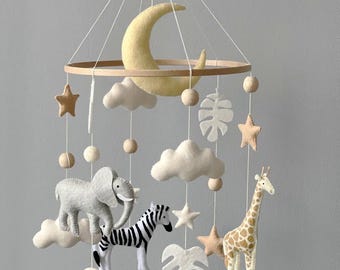 Móvil para cuna Safari Moon / Móvil neutro con elefante, cebra y jirafa / Decoración para la habitación del bebé