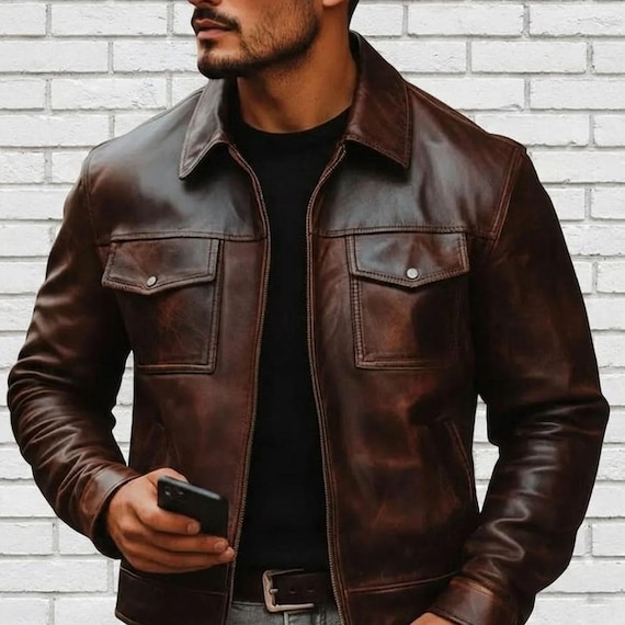 Men's Genuine Lambskin Leather Trucker Jacket, Slim Fit Biker