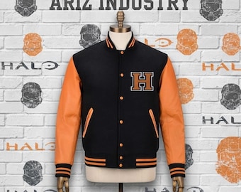 Chaqueta universitaria para hombre, hecha a mano, de lana negra de primera calidad y cuero naranja – Estilo clásico Letterman – Regalo para él.