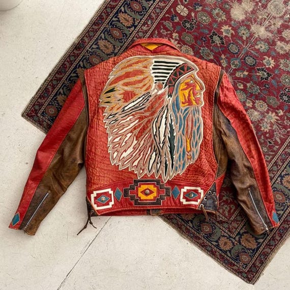 Native American Real Leather Jacket, Montana Street Wear Indigenous Chief Red Leather Motorcycle Jacket, Vintage Look, Gift for Men & Bikers