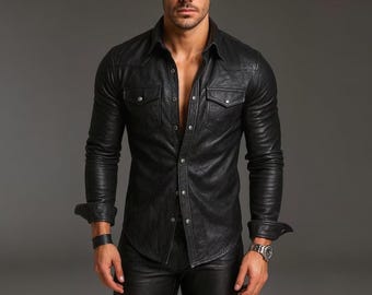 Men's Genuine Lambskin Leather Shirt: Handmade Slim-Fit Long Sleeve Western Style