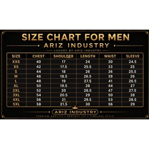 May include: A black rectangular size chart for clothing with gold text and borders. The chart displays measurements for sizes XXS through 5XL, including columns for chest, shoulder, length, waist, and sleeve. The text reads SIZE CHART FOR MEN ARIZ INDUSTRY.