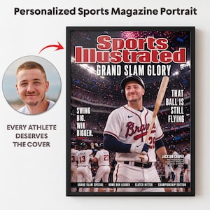 May include: A framed personalized Sports Illustrated magazine cover print titled Grand Slam Glory featuring a baseball player in a white Braves uniform holding a wooden bat in a stadium. The text reads Swing Big. Win Bigger. That Ball Is Still Flying.