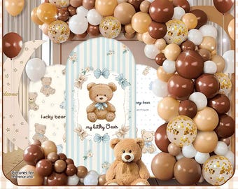 Teddybär-Geburtstags-Hintergrund mit Ballon-Bogen, Kindergeburtstags-Party Dekoration, Bären-Thema, erster Geburtstags-Party-Dekor, Baby-Geburtstag