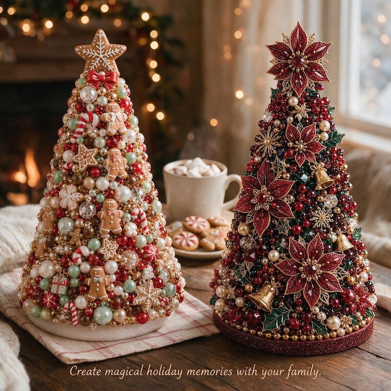 Cone Shape Red Roses DIY Beaded Christmas Tree Kit Christmas Craft Kit for Adults Tabletop ...