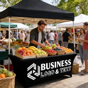 Custom Table Cover with Logo, Personalized Table Cloth for Business, Vendor Booth Display, Stretch 4ft 6ft Fitted Tablecloth