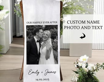 Cartello personalizzato per matrimonio, striscione di sfondo, tessuto per cartello di benvenuto con foto personalizzata, cartello di benvenuto per matrimonio, decorazione per cerimonia e ricevimento