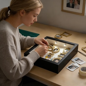 Può includere: Una persona sistema piccole foto incorniciate all'interno di una vetrina nera con luci integrate. Le cornici sono color oro e di varie forme. Diverse piccole foto e un rotolo di nastro adesivo sono sulla superficie di legno.