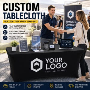 Benutzerdefinierte Tischdecke mit Logo, personalisierte Tischdecke für Unternehmen, Verkaufsstand-Anzeige, Stretch 4 ft 6 ft 8 ft Spanntischdecke