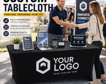 Custom Table Cover with Logo, Personalized Table Cloth for Business, Vendor Booth Display, Stretch 4ft 6ft 8ft Fitted Tablecloth