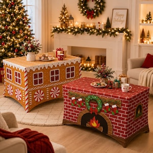 Toalha de mesa natalina em formato de casinha de gengibre, decoração para festas de fim de ano, decoração para jantar de Natal, toalha de mesa inspirada em um cenário de inverno mágico.