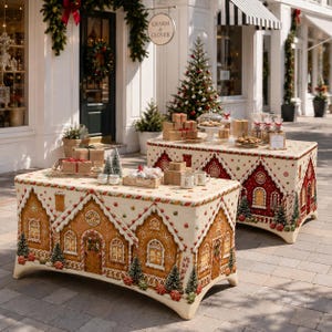Peut inclure: Deux tables rectangulaires recouvertes d'un tissu crème imprimé d'un motif de maison en pain d'épices avec des murs marron, des détails de glaçage blanc et des accents rouges. Les tables sont installées sur une terrasse en pierre.
