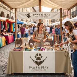 以下が含まれることがあります： Paws & Play Pet Accessoriesのマーケットスタンド。ベージュのテーブルクロスには肉球とバンダナのロゴが描かれています。テーブルの上には、編み込みのペット用リード、柄入りのペット用バンダナ、肉球模様のセラミック製ボウルが並べられています。