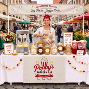 Peut inclure: Un stand de pop-corn avec une bannière indiquant Handcrafted Popcorn Made in Small Batches Big Flavor. Bigger Smiles. La table présente des bocaux en verre de pop-corn, une machine à pop-corn et des panneaux Poppin Good Times et Popcorn By The Bag.