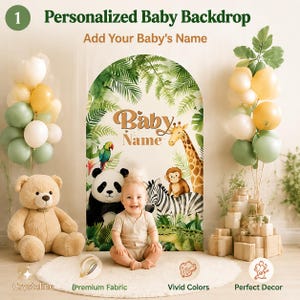Arco di sfondo personalizzato a tema giungla per baby shower, decorazioni safari personalizzate per baby shower, sfondo per feste di compleanno a tema animali, banner per photo booth con il nome del bambino
