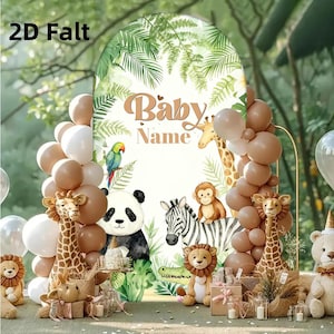 May include: A jungle-themed baby shower backdrop with the words "Baby Name". The arch-shaped backdrop features illustrations of a giraffe, panda, zebra, monkey, and parrot. Balloons and stuffed animals complete the scene, creating a festive atmosphere.