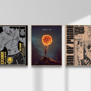 May include: Three framed art prints featuring anime-style illustrations. The prints showcase a muscular character, a figure holding a fiery orb, and a collage with Japanese text. Each print has a black frame.