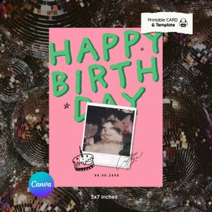 Tarjeta de cumpleaños divertida de gato/Meme Bday, Y2K (Plantilla CANVA de descarga digital, 5 x 7 en archivo JPG)