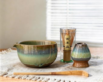Juego de té Katakuchi Matcha, cuenco de cerámica con pico para matcha (chawan), batidor de bambú y soporte, kit para la ceremonia del té japonesa, regalo para amantes del té.