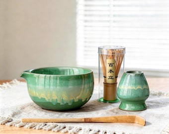 Katakuchi Matcha-set, keramische matchakom met tuit, Chawan met bamboegarde en houder, Japanse theeceremonieset, cadeau voor theeliefhebbers