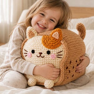 Haakpatroon voor een kattenkussen in de vorm van een broodje (PDF), eenvoudig kussen in de vorm van een kat, amigurumi woondecoratie tutorial