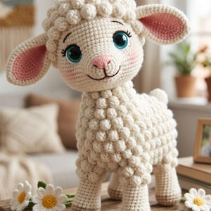 Peut inclure: Un agneau au crochet fait à la main avec un visage souriant, de grandes oreilles et des yeux bleus. L'agneau est blanc avec des accents roses et se tient sur quatre pattes. Des marguerites décoratives sont placées sur la surface en bois.