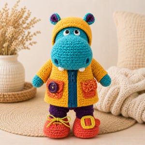 May include: A handmade crochet hippo doll wearing a yellow jacket with a blue zipper, purple pants, and orange shoes. The hippo has a blue head and a yellow hat with small ears. The jacket has orange pockets and a purple button.