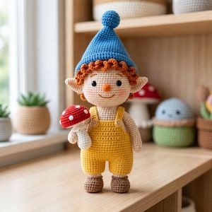 Puede incluir: Muñeca de gnomo de ganchillo hecha a mano con un gorro azul y un peto amarillo, sosteniendo una seta roja y blanca. La muñeca tiene zapatos marrones y pelo naranja. La muñeca está sobre una superficie de madera.