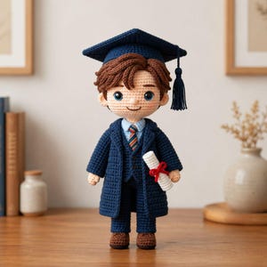 May include: A handmade crochet doll dressed in a graduation outfit. The doll wears a navy blue graduation cap and gown, a blue shirt, and a striped tie. It holds a rolled-up diploma tied with a red ribbon. The doll has brown hair and brown shoes.