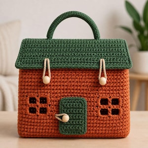 May include: A handmade crochet house-shaped bag in orange and green. The bag features a green roof, door, and handle, with wooden bead accents. The windows are square cutouts. The bag is designed to look like a small house.