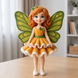 May include: A handmade fairy doll with orange hair, blue eyes, and a yellow dress with a white trim. The doll has green and yellow butterfly wings and is standing on a wooden surface. The fairy has a green bow on her head and a green bow on her dress.