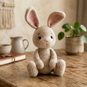 May include: A handmade, beige crochet bunny with pink inner ears, black eyes, and a pink nose and mouth. The bunny is sitting on a wooden surface. The bunny is a cute, soft toy.