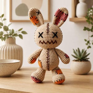 May include: A beige crochet rabbit doll featuring black stitched X-shaped eyes and a jagged mouth. The doll has patches in orange and reddish-pink on its ears, arms, and legs, with dark brown vertical stitching running down the center of its body.