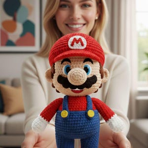 May include: A handmade crochet doll of the character Mario, wearing a red hat with a white "M", a red shirt, blue overalls, and brown shoes. The doll has a large black mustache and blue eyes. The doll is being held in someone's hands.