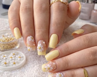 Yellow 3D Flower Pearl Press On Nails Almond Shape Floral Design Glossy Cute Summer Nails Reusable Nail Set Gift for Her