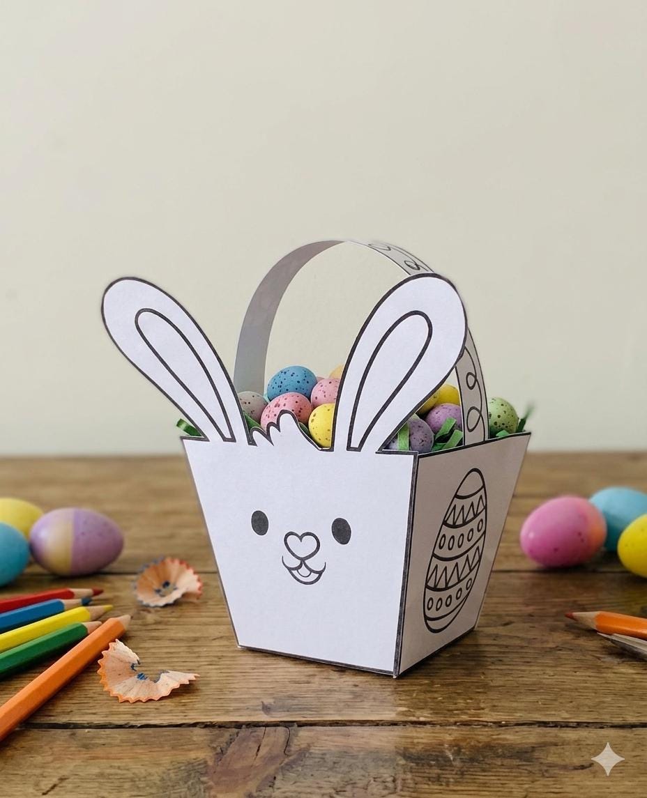 Easter Bunny Basket Craft for Kids, Printable Easter Coloring Activity ...