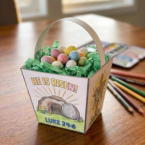 He Is Risen Easter Basket Craft for Kids, Luke 24:6 Bible Verse Coloring Activity, Sunday School Lesson Printable, ChristianEaster Craft DIY