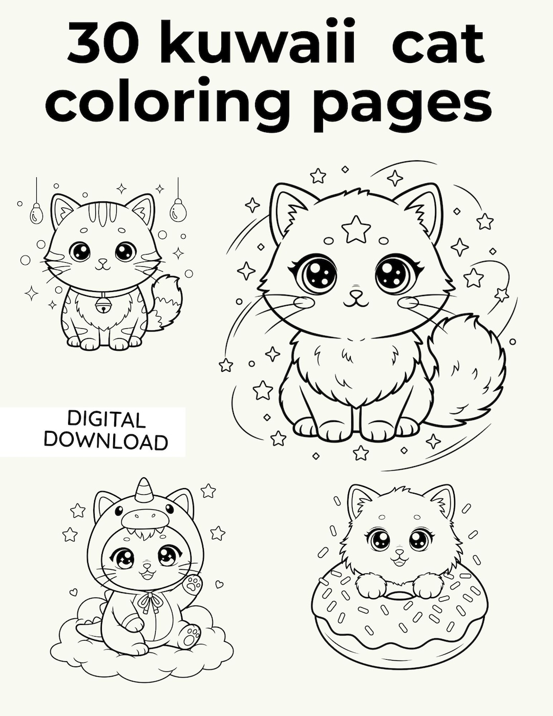 Kawaii Cat Coloring Pages Bundle (30 Pages) | Cute Chibi Kitten ...