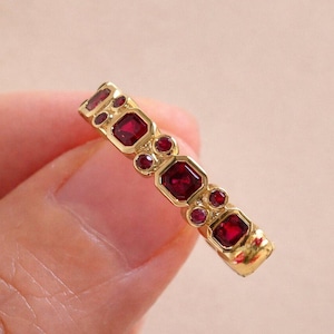 Vintage Ruby Wedding Band, Princess-Cut Ruby Ring, Bezel Setting Band, July Birthstone, Ruby Engagement Ring Half Eternity Band