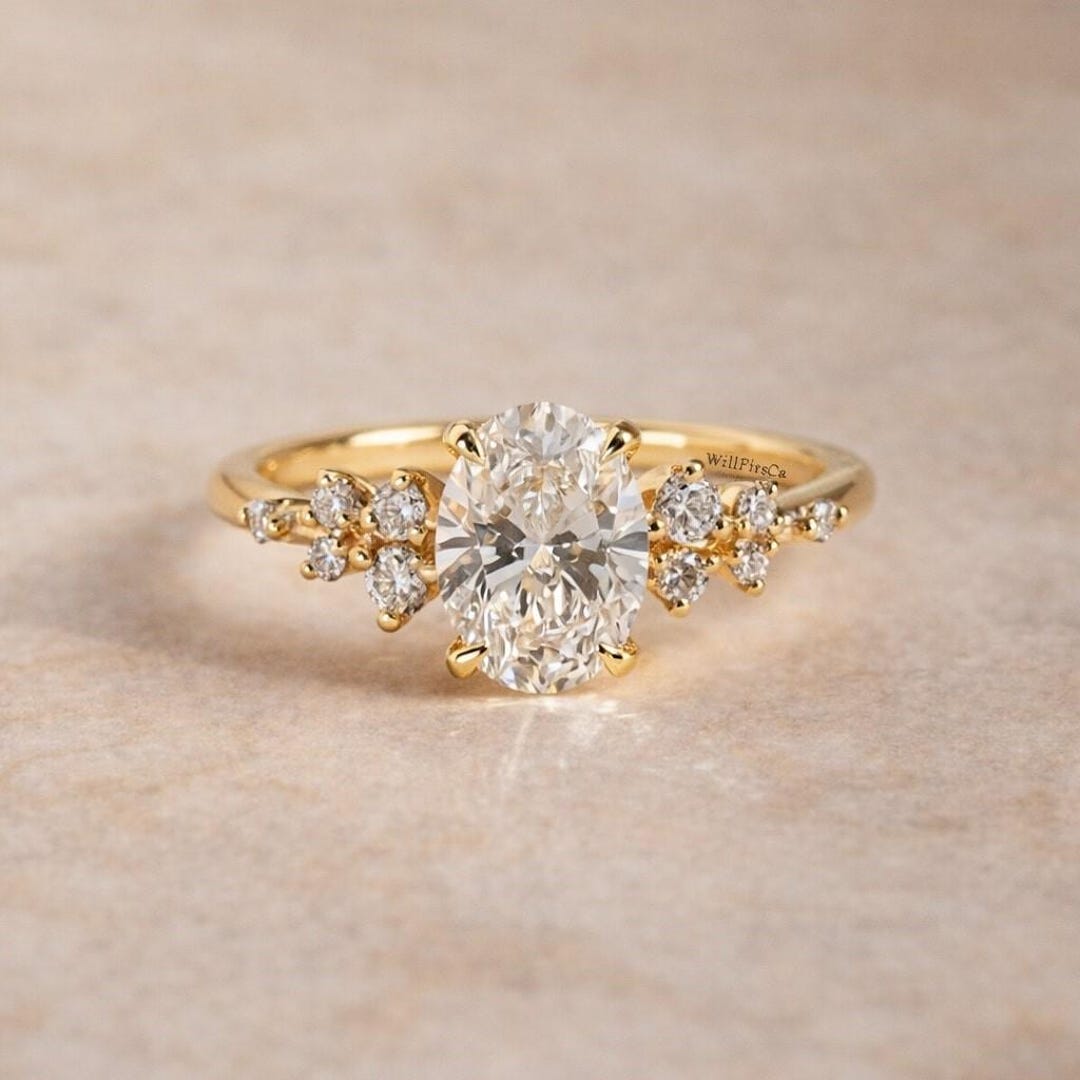 14k Solid Gold Oval Moissanite Ring, Cluster Halo Engagement Ring for ...