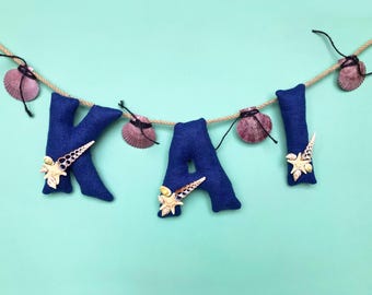 Personalized Burlap Baby Name Banner, Seashell Starfish Ocean Nursery Decor